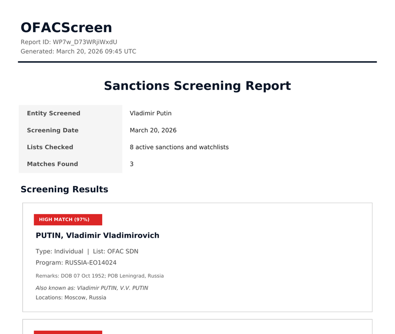 Sample sanctions screening report